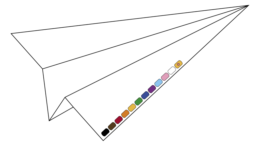 Icon, das einen Papierflieger symbolisiert. Auf einer der Tragflächen sind kleine Ovale in den Farben der Progressprideflagge.